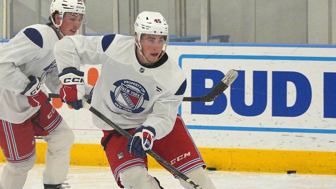 NY Rangers prospect Drew Fortescue of Pearl River at development camp at the MSG Training Center in Tarrytown July 1, 2025.