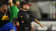 Sep 26, 2025; Tempe, Arizona, USA; Arizona State Sun Devils head coach Kenny Dillingham looks on against TCU Horned Frogs in the second half at Mountain America Stadium, Home of the ASU Sun Devils. Mandatory Credit: Jacob Reiner-Imagn Images