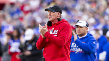 Nov 23, 2024; Kansas City, Missouri, USA;  Kansas head coach Lance Leipold celebrates a scoring play during the 1st quarter between the Kansas Jayhawks and the Colorado Buffaloes.