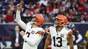 Dec 24, 2023; Houston, Texas, USA; Cleveland Browns place kicker Dustin Hopkins (7) celebrates his