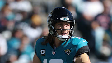 Dec 1, 2024; Jacksonville, Florida, USA; Jacksonville Jaguars quarterback Trevor Lawrence (16) looks on against the Houston Texans in the first quarter at EverBank Stadium. Mandatory Credit: Nathan Ray Seebeck-Imagn Images