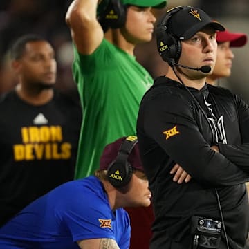 Sep 26, 2025; Tempe, Arizona, USA; Arizona State Sun Devils head coach Kenny Dillingham looks on against TCU Horned Frogs in the second half at Mountain America Stadium, Home of the ASU Sun Devils. Mandatory Credit: Jacob Reiner-Imagn Images