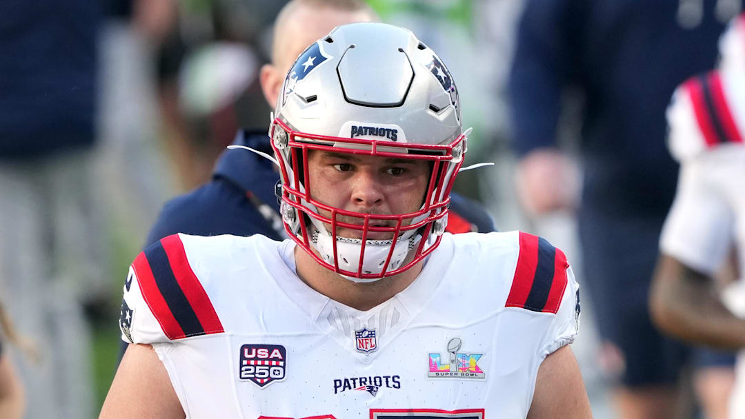 Feb 8, 2026; Santa Clara, CA, USA; New England Patriots center Garrett Bradbury (65) before Super Bowl LX against the Seattle Seahawks at Levi's Stadium. Mandatory Credit: Darren Yamashita-Imagn Images