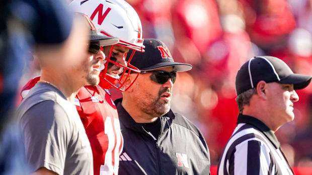 Nebraska Cornhuskers quarterback Heinrich Haarberg (10) and head coach Matt Rhule 