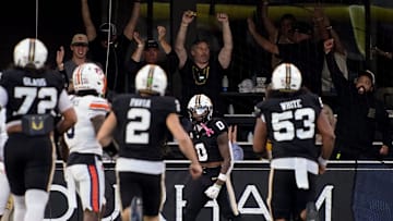 Vanderbilt wide receiver Junior Sherrill (0) celebrates his touchdown against Auburn during the second quarter at FirstBank Stadium in Nashville, Tenn., Saturday, Nov. 8, 2025.