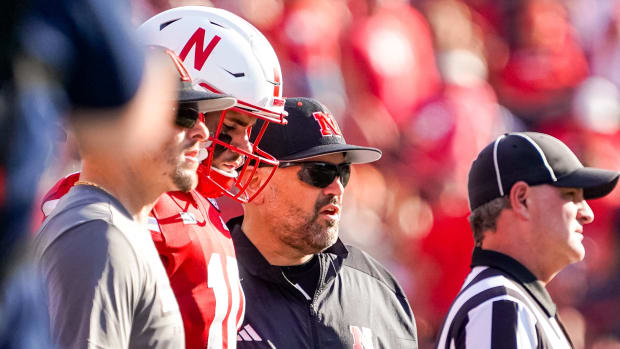 Nebraska Cornhuskers quarterback Heinrich Haarberg (10) and head coach Matt Rhule 