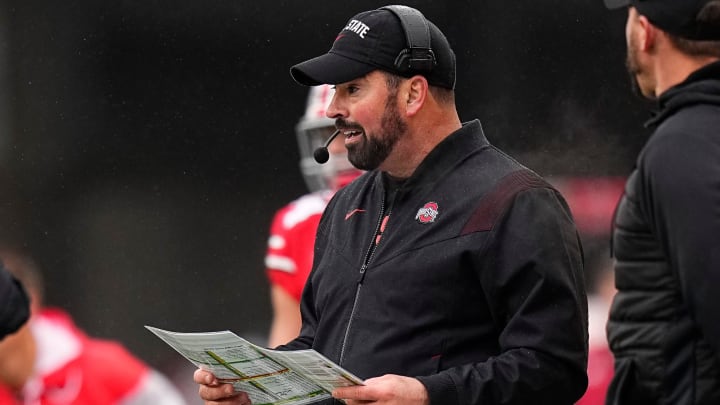 Nov 12, 2022; Columbus, Ohio, USA;  Ohio State Buckeyes head coach Ryan Day watches from the sideline during the second half of the NCAA football game against the Indiana Hoosiers at Ohio Stadium. Ohio State won 56-14.