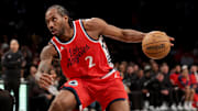Leonard drives to the basket against the Nets in a March game.