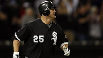 July 17, 2009; Chicago, IL, USA; Chicago White Sox designated hitter Jim Thome (25) rounds the bases as he watches the flight of his grand slam during the sixth inning against the Baltimore Orioles at US Cellular Field.  Mandatory Credit: Jerry Lai-Imagn Images