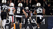 Vanderbilt wide receiver Junior Sherrill (0) celebrates his touchdown against Auburn during the second quarter at FirstBank Stadium in Nashville, Tenn., Saturday, Nov. 8, 2025.