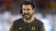 Oct 8, 2022; Tucson, Arizona, USA; Oregon Ducks head coach Dan Lanning against the Arizona Wildcats at Arizona Stadium. Mandatory Credit: Mark J. Rebilas-Imagn Images