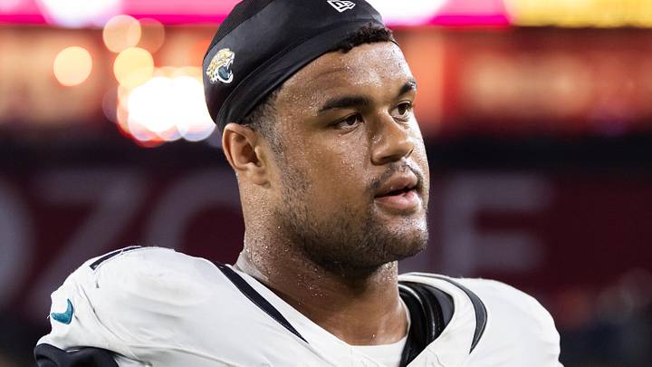 Nov 23, 2025; Glendale, Arizona, USA; Jacksonville Jaguars defensive tackle Arik Armstead (91) against the Arizona Cardinals at State Farm Stadium. Mandatory Credit: Mark J. Rebilas-Imagn Images