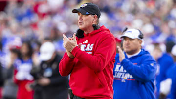 Nov 23, 2024; Kansas City, Missouri, USA;  Kansas head coach Lance Leipold celebrates a scoring play during the 1st quarter between the Kansas Jayhawks and the Colorado Buffaloes at GEHA Field at Arrowhead Stadium. Mandatory Credit: Nick Tre. Smith-Imagn Images