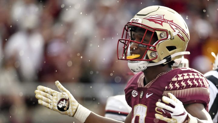 Aug 27, 2022; Tallahassee, Florida, USA; Florida State Seminoles running back Lawrence Toafili (9) celebrates a touchdown in the first half against the Duquesne Dukes at Doak S. Campbell Stadium. Mandatory Credit: Melina Myers-USA TODAY Sports