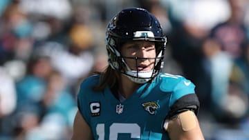 Dec 1, 2024; Jacksonville, Florida, USA; Jacksonville Jaguars quarterback Trevor Lawrence (16) looks on against the Houston Texans in the first quarter at EverBank Stadium. Mandatory Credit: Nathan Ray Seebeck-Imagn Images