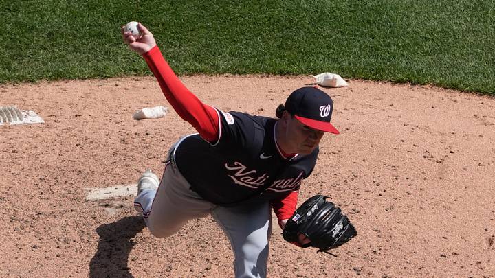 Apr 26, 2026; Chicago, Illinois, USA; Washington Nationals pitcher Gus Varland (47) throws the ball against the Chicago White Sox during the eighth inning at Rate Field. Mandatory Credit: David Banks-Imagn Images