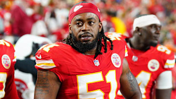 Oct 7, 2024; Kansas City, Missouri, USA; Kansas City Chiefs defensive end Mike Danna (51) on the sidelines against the New Orleans Saints during the game at GEHA Field at Arrowhead Stadium. Mandatory Credit: Denny Medley-Imagn Images