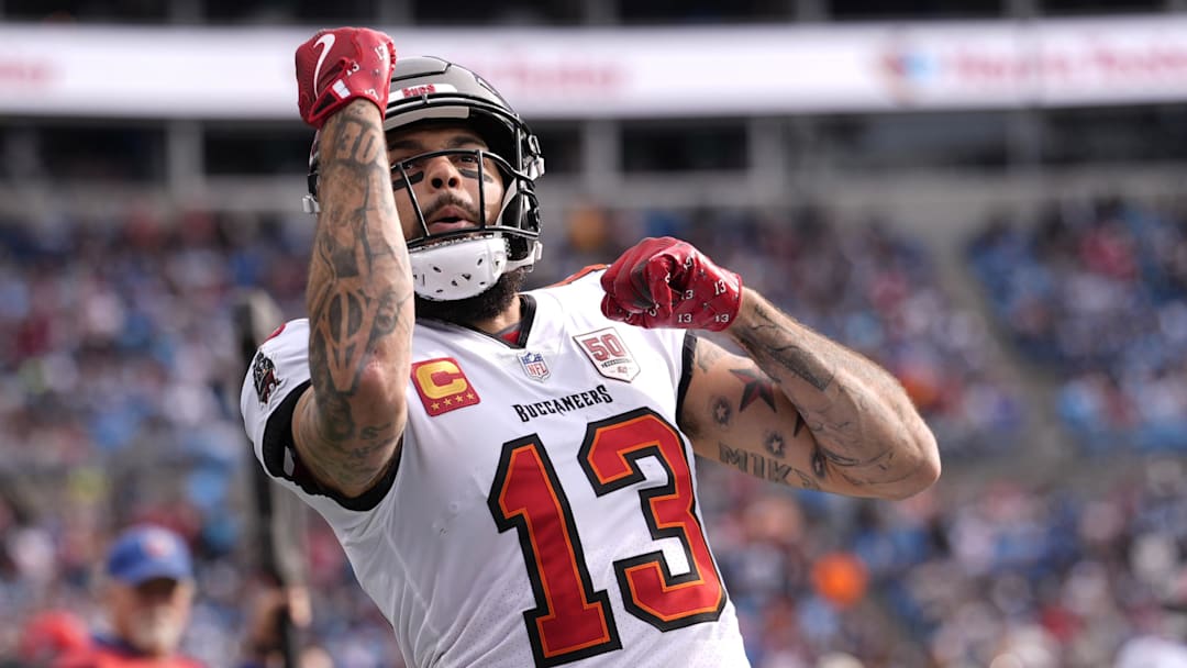 Tampa Bay Buccaneers wide receiver Mike Evans (13) reacts a touchdown during the first half against the Carolina Panthers