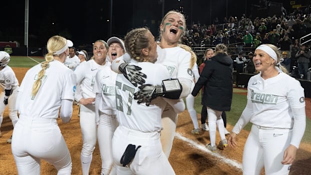 The Oregon Ducks celebrate their victory over Stanford to win the Eugene NCAA Softball Regional May 18, 2025.