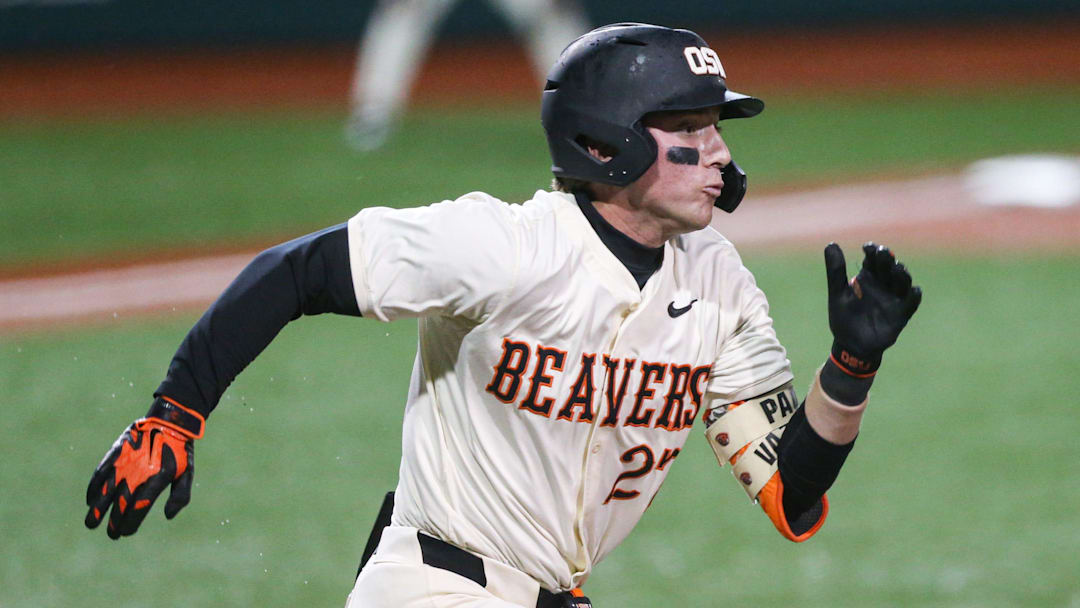 Oregon State's Paul Vazquez sprints to first base during an NCAA college baseball game at Goss Stadium on Friday, March 6, 2026, in Corvallis, Ore.