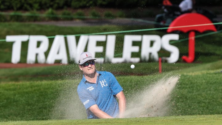 Jun 23, 2022; Cromwell, Connecticut, USA; Zach Johnson plays a shot.