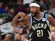 Bucks guard Patrick Beverley reacts after scoring a basket in the third quarter against the Boston Celtics at Fiserv Forum. 