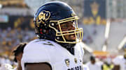 Oct 7, 2023; Tempe, Arizona, USA; Colorado Buffaloes offensive tackle Kareem Harden (77) against the Arizona State Sun Devils at Mountain America Stadium. Mandatory Credit: Mark J. Rebilas-Imagn Images