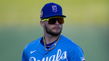Mar 4, 2023; Surprise, Arizona, USA; Kansas City Royals designated hitter Carter Jensen against the Los Angeles Dodgers during a spring training game at Surprise Stadium. Mandatory Credit: Mark J. Rebilas-Imagn Images