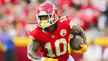 Sep 15, 2024; Kansas City, Missouri, USA; Kansas City Chiefs running back Isiah Pacheco (10) runs the ball during the first half against the Cincinnati Bengals at GEHA Field at Arrowhead Stadium. Mandatory Credit: Jay Biggerstaff-Imagn Images