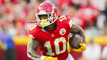 Sep 15, 2024; Kansas City, Missouri, USA; Kansas City Chiefs running back Isiah Pacheco (10) runs the ball during the first half against the Cincinnati Bengals at GEHA Field at Arrowhead Stadium. Mandatory Credit: Jay Biggerstaff-Imagn Images
