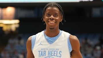 Oct 4, 2025; Charlotte, NC, USA; North Carolina Tar Heels forward Caleb Wilson (8) warms up before the game at Dean E. Smith Center. Mandatory Credit: Bob Donnan-Imagn Images