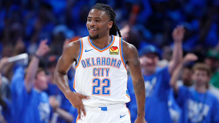 Thunder guard Cason Wallace (22) celebrates after making a 3-pointer during a 117-95 win in Game 1 of the Western Conference semifinals against the Mavericks on May 7 at Paycom Center.