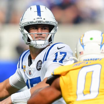 Indianapolis Colts quarterback Daniel Jones (17) throws the ball in the first half against the Los Angeles Chargers.