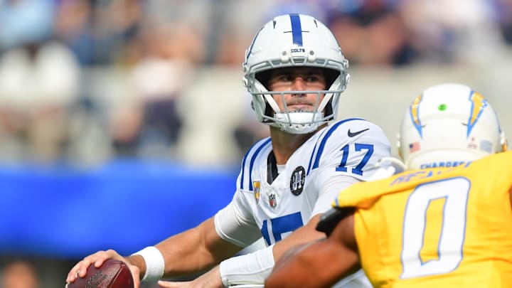Indianapolis Colts quarterback Daniel Jones (17) throws the ball in the first half against the Los Angeles Chargers.