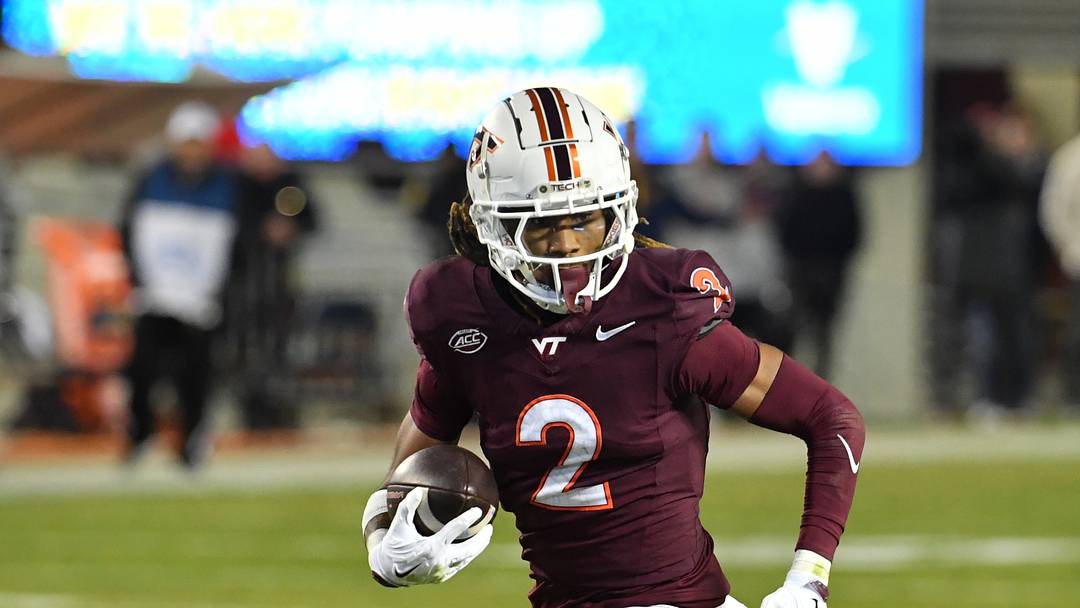 Oct 24, 2025; Blacksburg, Virginia, USA;  Virginia Tech Hokies wide receiver Takye Heath (2) runs after a catch for a touchdown during the third quarter against the California Golden Bears at Lane Stadium. Mandatory Credit: Brian Bishop-Imagn Images