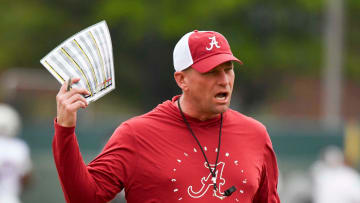 Mar 21, 2024; Tuscaloosa, Alabama, USA; Alabama head coach Kalen DeBoer yells instructions during practice at the University Alabama Thursday.