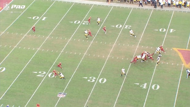 A screenshot of the Pittsburgh Steelers throwing a pass during a game against the Washington Commanders.