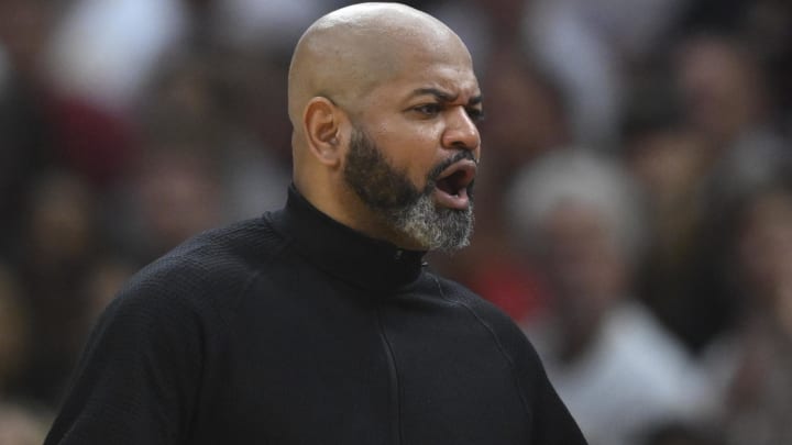 May 13, 2024; Cleveland, Ohio, USA; Cleveland Cavaliers head coach J. B. Bickerstaff reacts against the Boston Celtics in the second quarter of game four of the second round for the 2024 NBA playoffs at Rocket Mortgage FieldHouse. Mandatory Credit: David Richard-USA TODAY Sports
