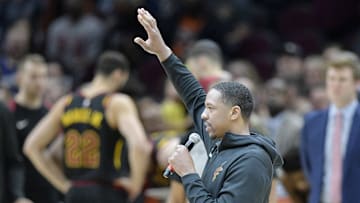 Apr 9, 2019; Cleveland, OH, USA; Cleveland Cavaliers forward Channing Frye (9) speaks before a game between the Cleveland Cavaliers and the Charlotte Hornets at Rocket Mortgage FieldHouse. Mandatory Credit: David Richard-Imagn Images