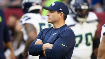 Dec 8, 2024; Glendale, Arizona, USA; Seattle Seahawks head coach Mike Macdonald prior to the game against the Arizona Cardinals at State Farm Stadium. Mandatory Credit: Mark J. Rebilas-Imagn Images