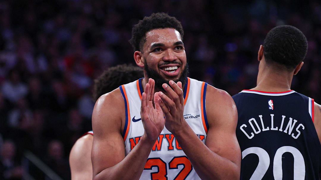Jan 7, 2026; New York, New York, USA; New York Knicks center Karl-Anthony Towns (32) reacts during the second half against the LA Clippers at Madison Square Garden. Mandatory Credit: Vincent Carchietta-Imagn Images