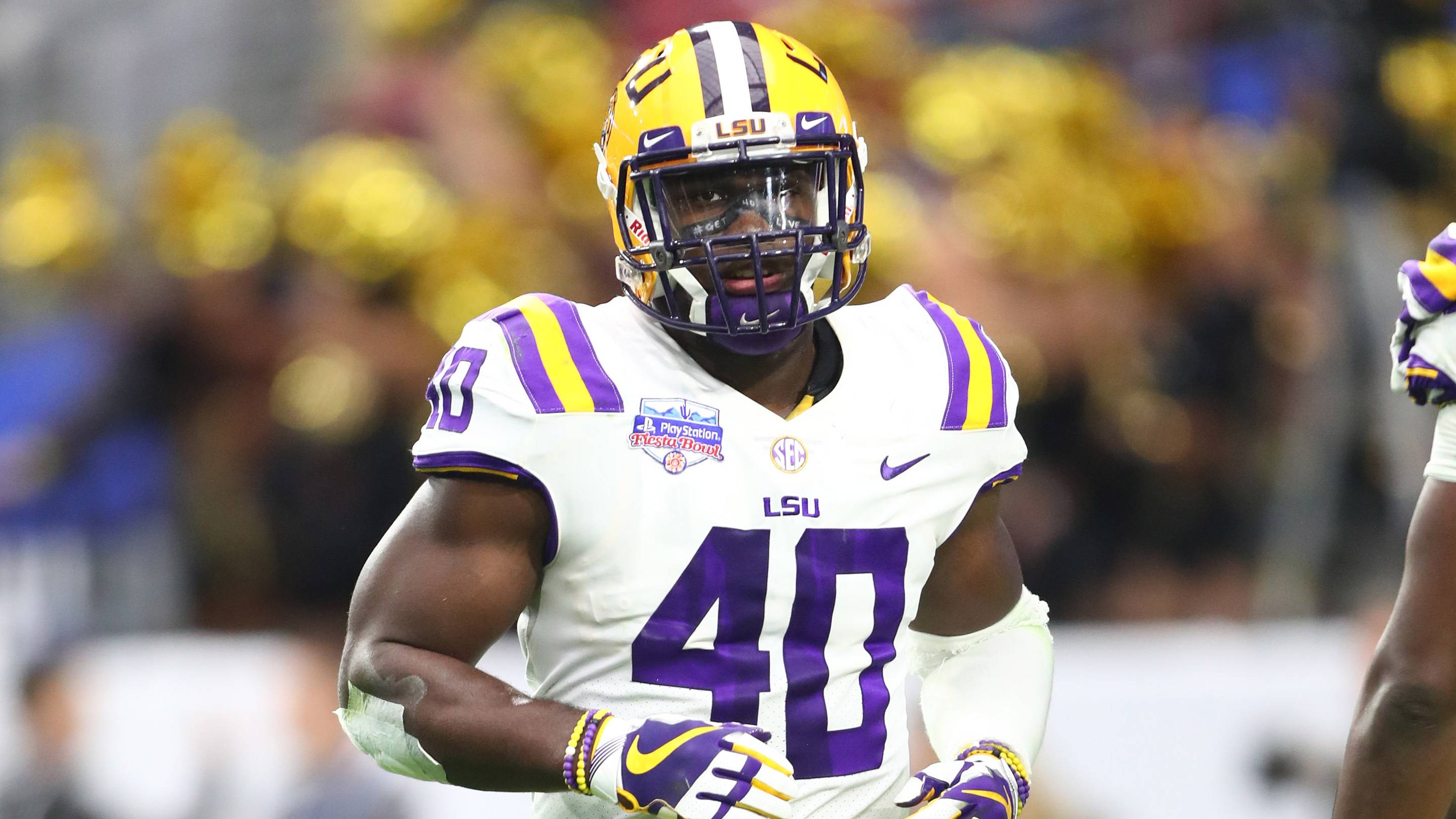 Devin White runs on the field during the 2019 Fiesta Bowl against UCF