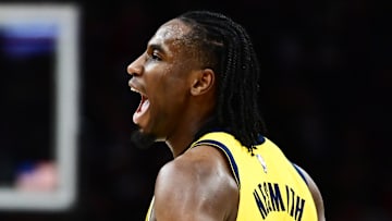 May 13, 2025; Cleveland, Ohio, USA; Indiana Pacers forward Aaron Nesmith (23) celebrates during the second half of game five against the Cleveland Cavaliers in the second round for the 2025 NBA Playoffs at Rocket Arena. Mandatory Credit: Ken Blaze-Imagn Images