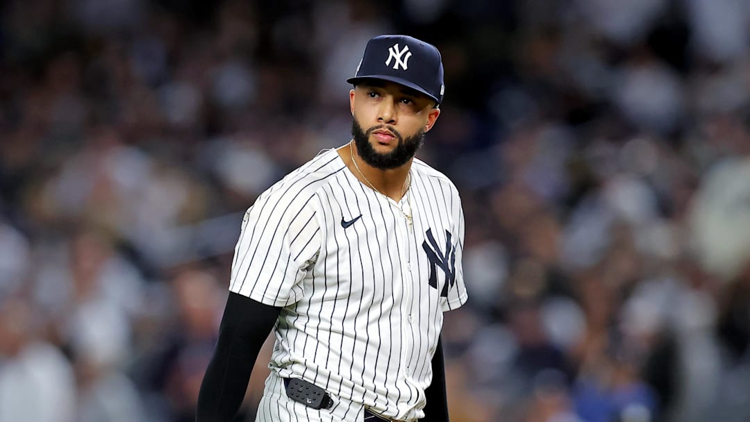 Oct 8, 2025; Bronx, New York, USA; New York Yankees pitcher Devin Williams (38) reacts after giving up a two run RBI during the seventh inning during game four of the ALDS round for the 2025 MLB playoffs at Yankee Stadium. Mandatory Credit: Brad Penner-Imagn Images