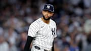 Oct 8, 2025; Bronx, New York, USA; New York Yankees pitcher Devin Williams (38) reacts after giving up a two run RBI during the seventh inning during game four of the ALDS round for the 2025 MLB playoffs at Yankee Stadium. Mandatory Credit: Brad Penner-Imagn Images