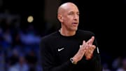 Nov 20, 2025; Memphis, Tennessee, USA; Sacramento Kings head coach Doug Christie reacts during the third quarter against the Memphis Grizzlies at FedExForum.