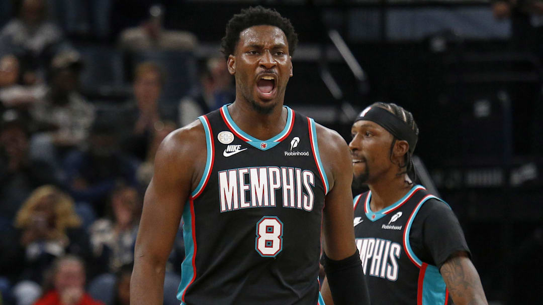 Oct 22, 2025; Memphis, Tennessee, USA; Memphis Grizzlies forward/center Jaren Jackson Jr. (8) reacts during the third quarter against the New Orleans Pelicans at FedExForum. Mandatory Credit: Petre Thomas-Imagn Images