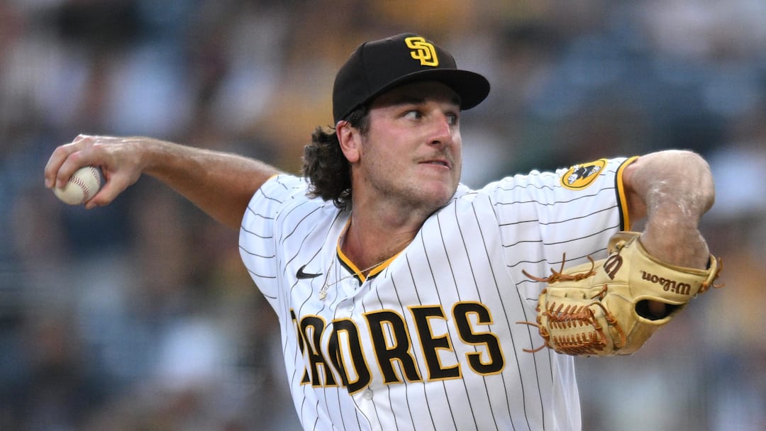 Aug 2, 2022; San Diego, California, USA; San Diego Padres starting pitcher Reiss Knehr (33) throws a pitch against the Colorado Rockies during the first inning at Petco Park. Mandatory Credit: Orlando Ramirez-Imagn Images