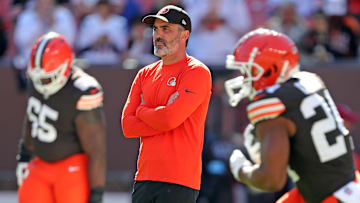 Cleveland Browns coach Kevin Stefanski watches the team warm up before a game against the Cincinnati Bengals on Sunday, Oct. 20, 2024, in Cleveland, Ohio.