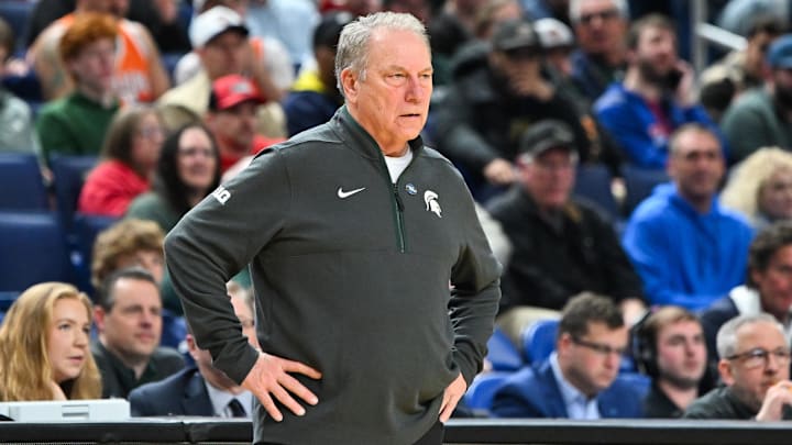 Mar 19, 2026; Buffalo, NY, USA; Michigan State Spartans head coach Tom Izzo looks on during the second half against the North Dakota State Bison during a first round game of the men's 2026 NCAA Tournament at Keybank Center. Mandatory Credit: Mark Konezny-Imagn Images